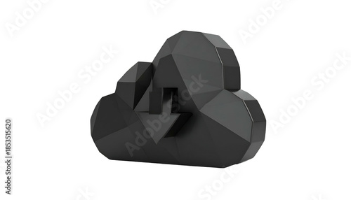 Geometric cloud icon in grey with a downwards arrow, isolated on a black background