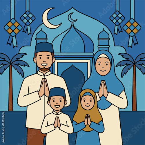 Happy Muslim Family Greeting Eid al-Fitr with Mosque and Ketupat Blue Background Vector Illustration
