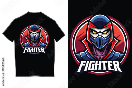 Striking black t-shirt design featuring a fierce masked fighter in a bold red and grey suit