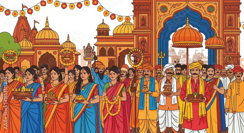 Vibrant Hindu Festival Procession Celebrating Culture and Tradition with Devotees Carrying Offerings and Parading Through Decorated Streets