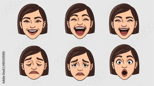 Collection of cartoon woman facial expressions showing emotions.