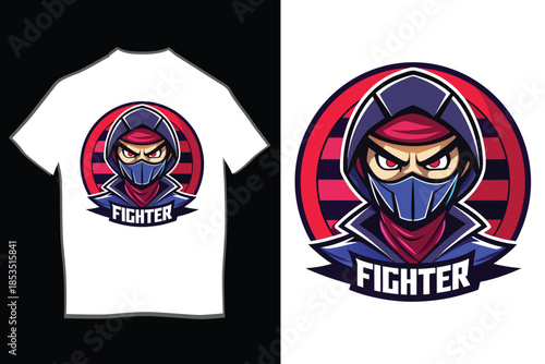 Print Red hooded fighter ninja mascot design on a black t-shirt, perfect for gamers and martial arts enthusiasts