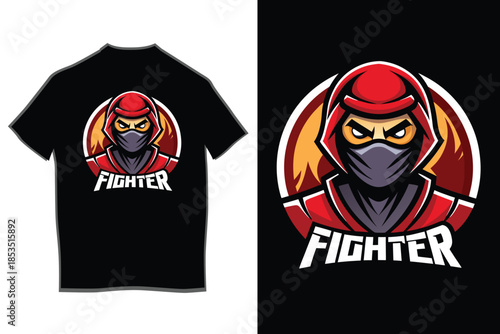 Print Red hooded fighter ninja mascot design on a black t-shirt, perfect for gamers and martial arts enthusiasts