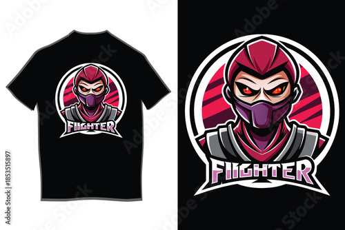 Print Striking black t-shirt design featuring a fierce masked fighter in a bold red and grey suit