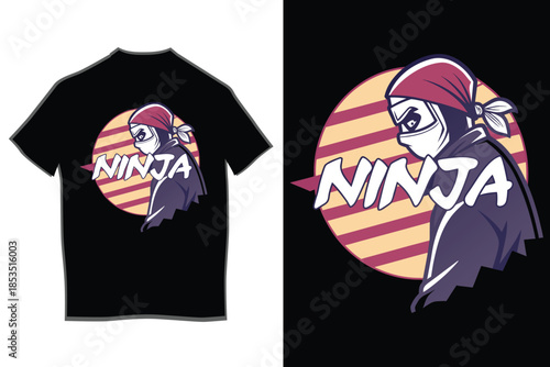Print Stealthy ninja warrior with katana and retro sunset design on a cool black t-shirt