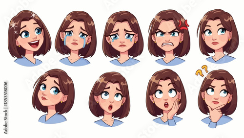 Collection of cartoon girl facial expressions showing different emotions.