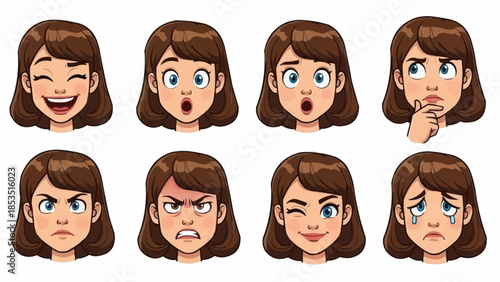 Collection of cartoon girl facial expressions showing different emotions.