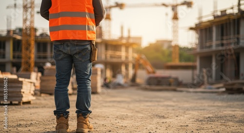 Construction worker supervising work on building site. Man in protective vest looking at building under construction with cranes in background.