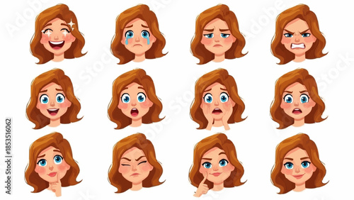 Collection of cartoon woman faces showing different emotions and expressions.
