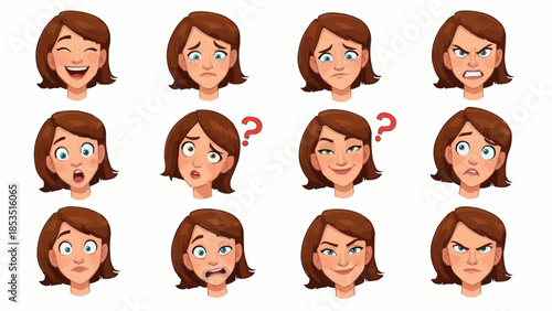 Collection of cartoon woman faces showing different emotions and expressions.
