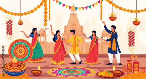 Vibrant cultural festival celebration with people dancing joyfully and lighting traditional lamps, depicting a festive atmosphere and shared happiness in front of a grand temple