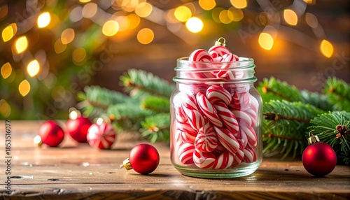 Festive close-up of a glass jar overflowing with red/white candy canes, surrounded by decor