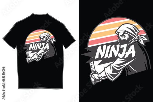 Print Stealthy ninja warrior with katana and retro sunset design on a cool black t-shirt