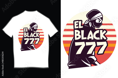 Stealthy ninja warrior with katana and retro sunset design on a cool black t-shirt