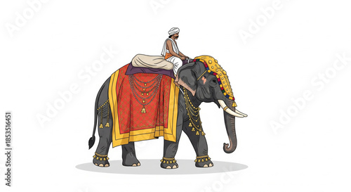 An Elephant With A Rider Wearing A Turban On Its Back, Decorated For A Parade Or Festival