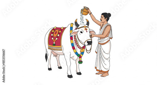 Illustration of a man performing a traditional Hindu ritual, offering water to a sacred, decorated white cow, symbolizing blessings and reverence in Indian culture