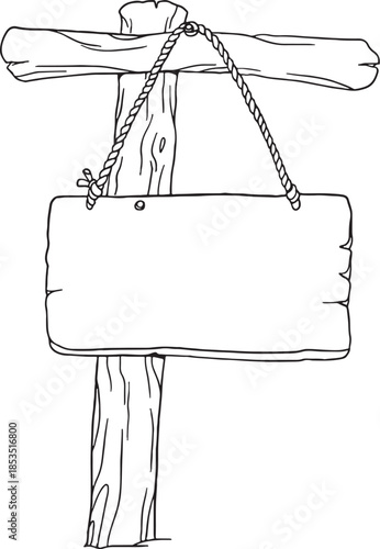 Hand drawn wooden sign board collection. Vector sketch of blank wood pointers, hanging boards with rope, and arrows. Rustic timber placards for camping, garden, and cafe. Isolated on white.