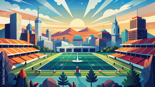 A stylized illustration of an american football stadium in a vibrant city landscape with mountains and a bright sun
