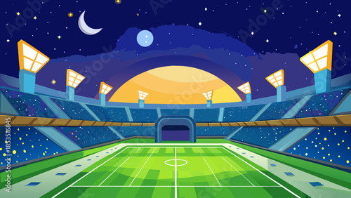 Cartoon illustration of a football stadium at night with stadium lights on and a starry sky above the empty seats
