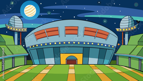 A vibrant cartoon illustration of a futuristic sports stadium under a night sky with stars and an alien planet.