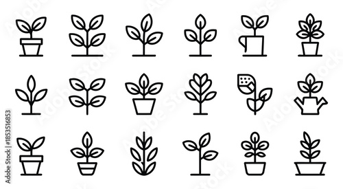 Potted plants growing leaves and watering can illustration outline icons