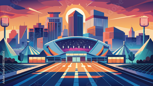 A vibrant stylized illustration of a modern city skyline with a central stadium at sunrise