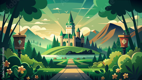 Enchanting illustration of a green fantasy world with a majestic castle and scenic mountains