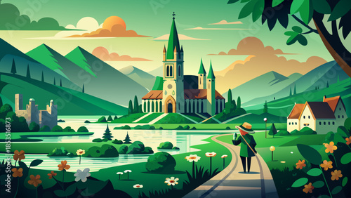 A person walks along a pathway towards a large church building in a scenic green valley landscape