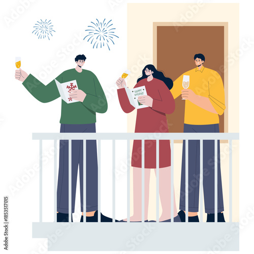 Holiday Card Illustration. Vector illustration of Friends on balcony holding champagne and holiday cards with fireworks, celebrating seasonal greetings at night. Isolated on background