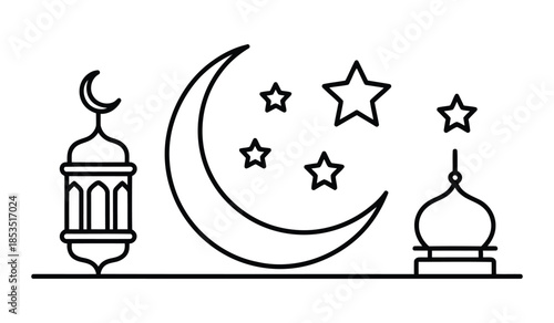 Islamic celebration line art with crescent moon stars and mosque elements