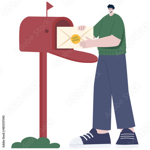 Holiday Card Illustration. Vector illustration of Man posting large holiday envelope into red mailbox, seasonal mailing and greeting card delivery concept. Isolated on background