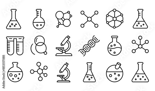 Science and chemistry icons set with laboratory glassware and molecular structures