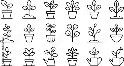 Set of plant seedling and potted plant icons for gardening growth concept