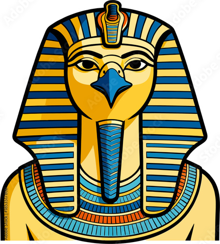 Pop art Egyptian pharaoh torso illustration in flat vector style with striped blue and gold headdress and ornate collar
