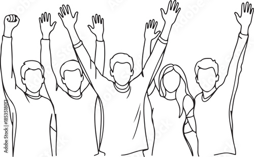 Five people with raised hands group faceless line celebration