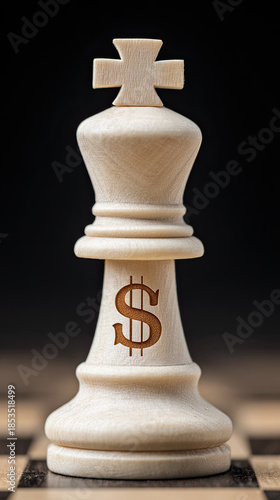 White chess king with dollar sign engraved, symbolic power