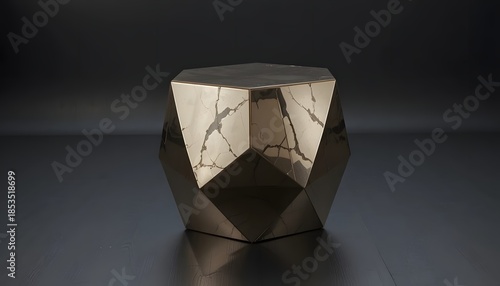 Geometric marble side table with faceted surface and reflective shadow on dark background