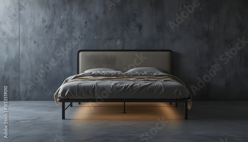 A modern bed with illuminated base stands alone in a minimalist gray room with a concrete floor and dark wall