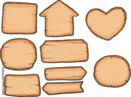 Set of rustic wooden signboards and blank wood planks in various shapes including heart, house, and arrow. Hand-drawn timber labels isolated on white for banners, messages, and eco-friendly design.