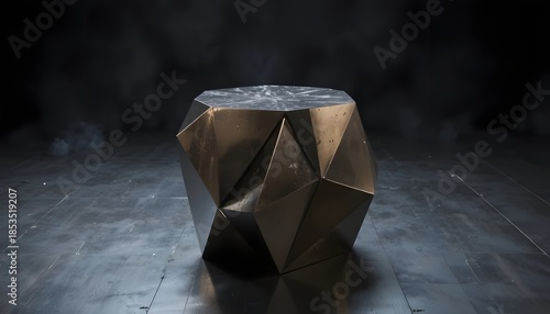 A metallic geometric object sits on a dark floor surrounded by fog.