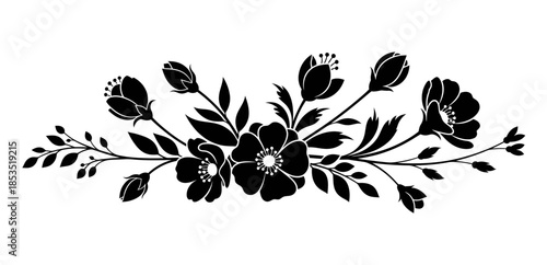 Minimalist Silhouette Floral Arrangement of Blooming Flower Buds and Leaves