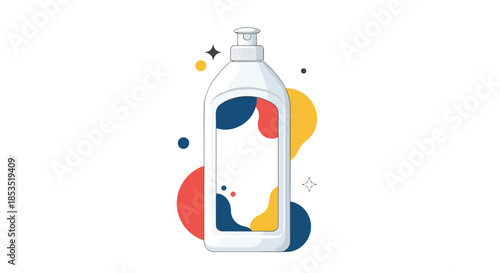 Plastic bottle of liquid dish soap with a colorful abstract label design, ideal for household cleaning and domestic chores concepts.