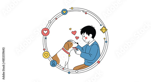 Young boy showing love to his pet dog inside a decorative circular frame with colorful social media style icons and hearts.