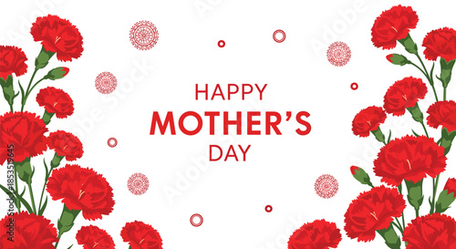 Happy Mother's Day greeting card design featuring elegant red carnation flowers and circular ornaments on a white background.