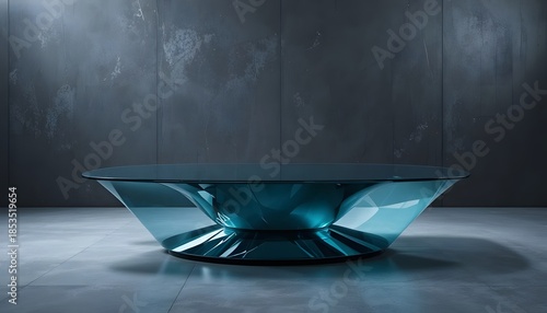 A sleek, modern glass bowl sits alone on a dimly lit, gray concrete floor, surrounded by a dark, featureless wall, captured from a straight-on viewpoint.