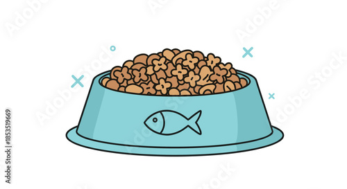 Blue pet food bowl filled with star-shaped kibble and a small fish icon on the side, representing healthy nutrition for animals.