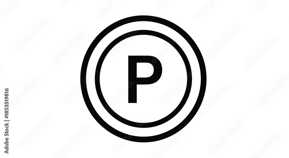 Fototapeta premium Universal parking symbol featuring a bold letter P inside double black circles, used for traffic signs and navigation mapping.