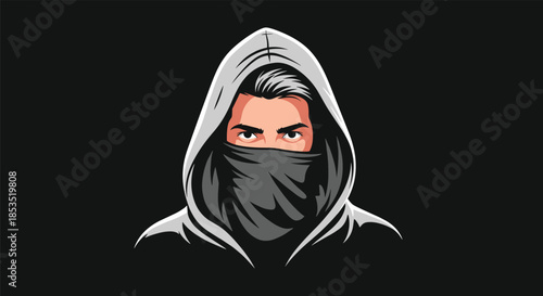 Figure of a mysterious person wearing a grey hoodie and a black face mask, symbolizing a hacker, undercover agent, or anonymity.