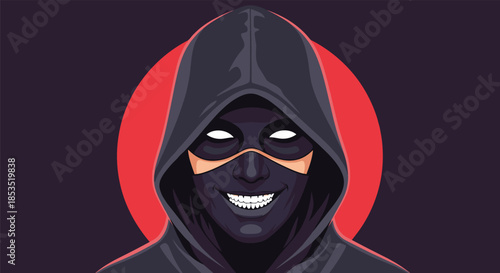 Dark mysterious figure wearing a hoodie and a mask with a sinister smile and glowing eyes against a red circle background.