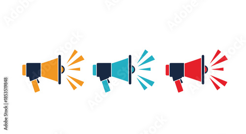 Three simple megaphone icons in orange, blue, and red colors, used for marketing, announcements, and digital communication signs.
